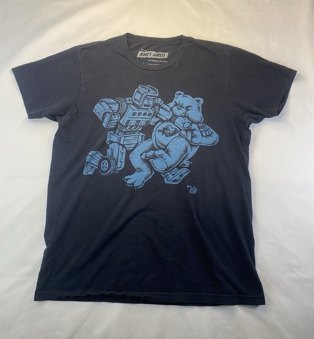 Ames Bros Men's Black Cotton Crew Neck Robot & Bear Graphic Tee Shirt Size M